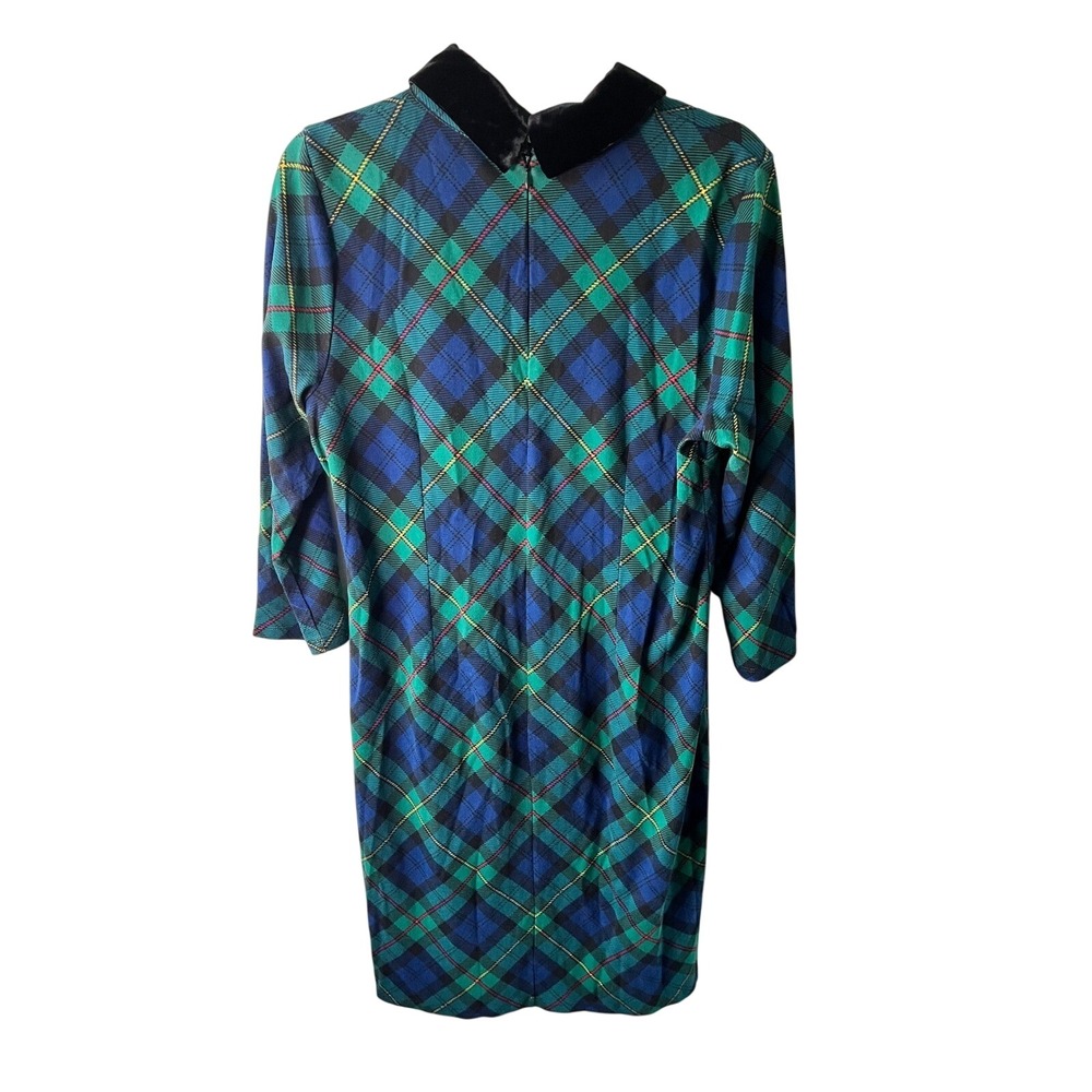 Talbots Womens Plaid Sheath Dress Blue Green Velvet Collar 3/4 Sleeve Size L